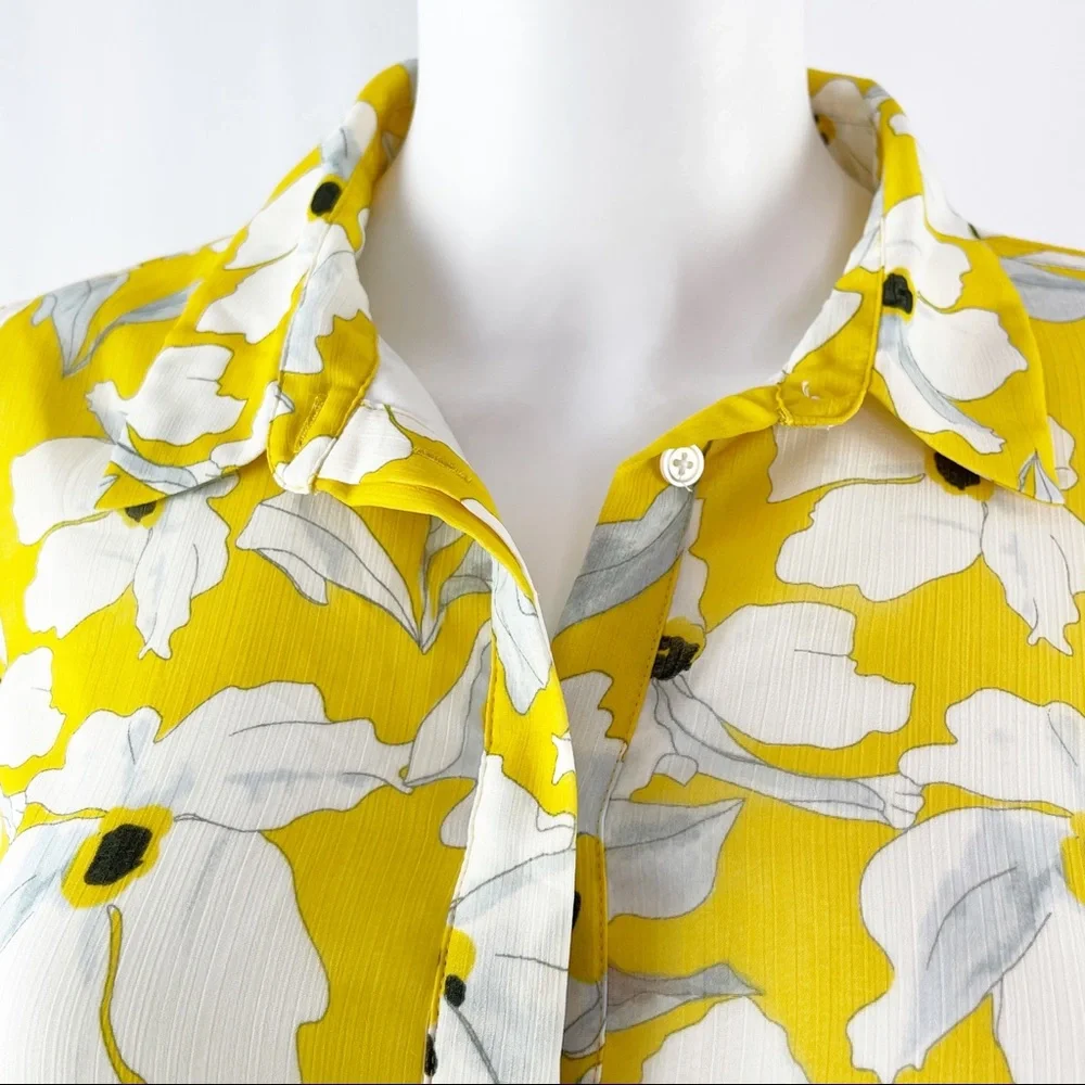 Banana Republic Size 8 Yellow Floral Long Sleeve Hi-Lo Ruffle Maxi Dress - Picture 3 of 10